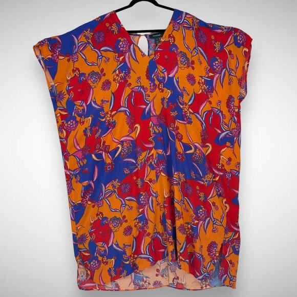 ModCloth Floral Tropical Twirl Kaftan Shirt Long Dress Orange Blue Size Large - Picture 2 of 9